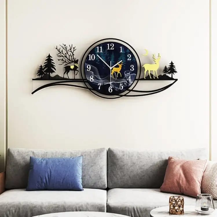 forest figure Deer 3d wood Wall clock blue jungle with light Fancy Clocks for Bedroom and Drawing Room(with light)