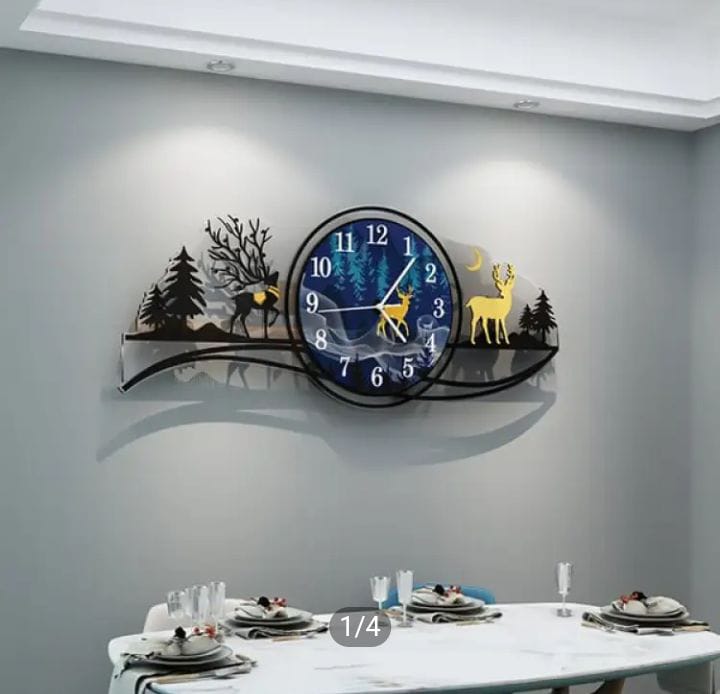forest figure Deer 3d wood Wall clock blue jungle with light Fancy Clocks for Bedroom and Drawing Room(with light)