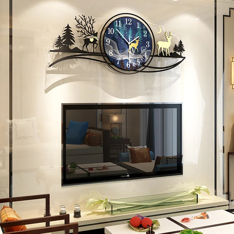 forest figure Deer 3d wood Wall clock blue jungle with light Fancy Clocks for Bedroom and Drawing Room(with light)
